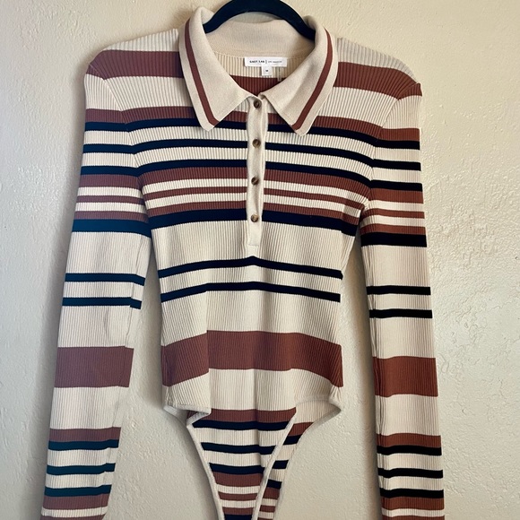 GREY LAB Other - Grey Lab Women’s Polo Ribbed Long-Sleeve Bodysuit in rust and cream stripes